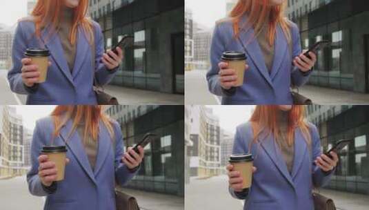 年轻女子一边打电话一边喝咖啡高清在线视频素材下载