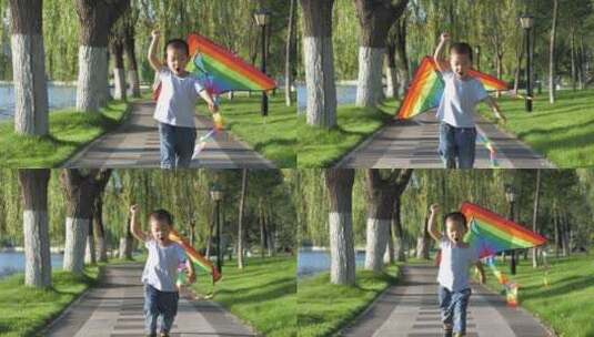 小朋友在公园树林中放风筝高清在线视频素材下载