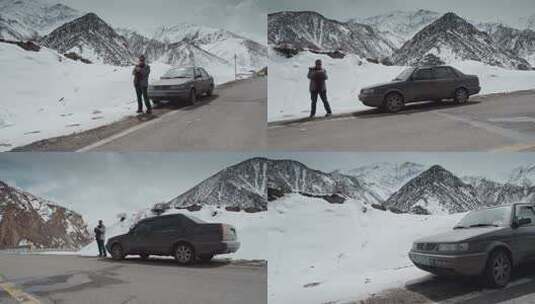 西藏旅游风光317国道自驾游客自拍轿车高清在线视频素材下载