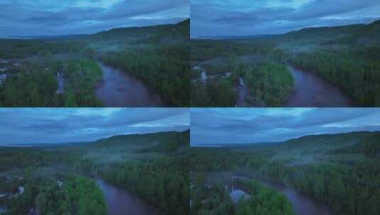 航拍森林小河夏夜的雾高清在线视频素材下载