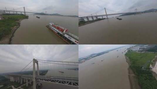 穿越机航拍五峰山大桥长江轮船海轮岸边景色高清在线视频素材下载