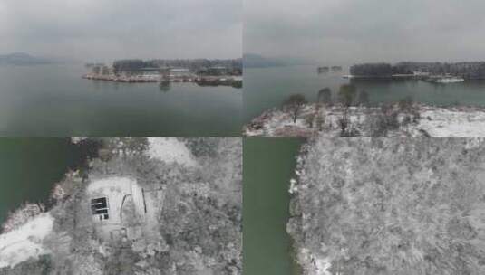 航拍武汉龙泉山雪景湖面俯拍树林高清在线视频素材下载