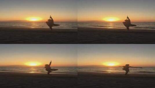 日落时分沙滩上练武术的女子竖屏高清在线视频素材下载