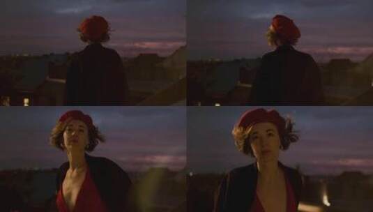 戴着红色贝雷帽的女人在风中高清在线视频素材下载