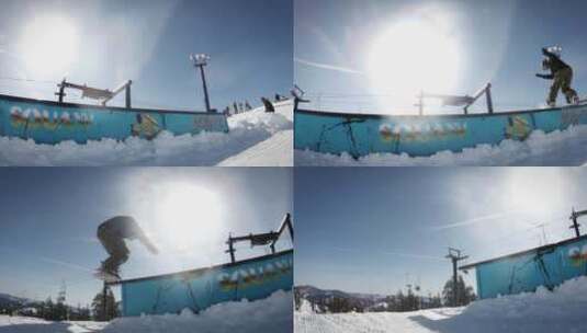 滑雪板运动员滑行和跳跃高清在线视频素材下载