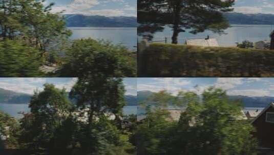 沿着绿色山丘上风景如画的峡湾岸边行走的第一视角拍摄高清在线视频素材下载