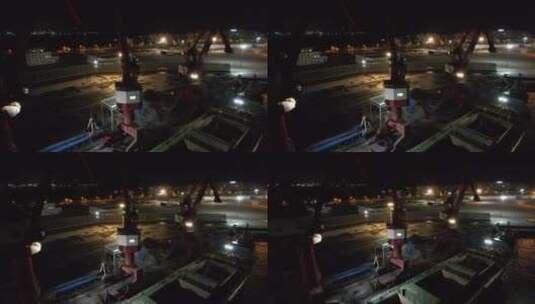夜间铁矿纱厂塔吊施工运输船高清在线视频素材下载