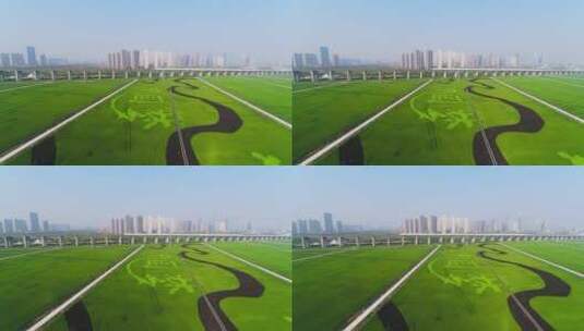 航拍杭州萧山开发区高速电气化电路和中国梦高清在线视频素材下载