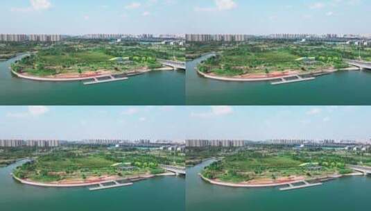 航拍郑州北龙湖 金融岛健身步道 公园航拍高清在线视频素材下载
