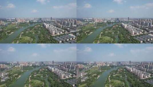 江苏宿迁城市风光绿化植物公园古运河航拍高清在线视频素材下载
