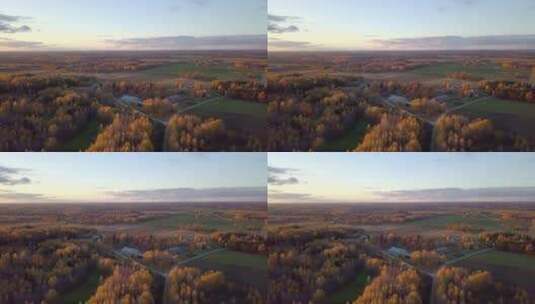从上面看乡村景色，秋天日落时有很多尝试和农田，有一些乡村h高清在线视频素材下载