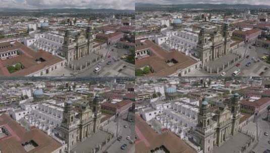 危地马拉圣地亚哥大教堂尖塔的慢速空中立交桥。高清在线视频素材下载