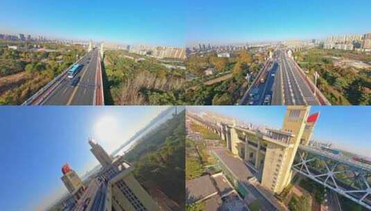 穿越机航拍南京长江大桥日出车流火车车流高清在线视频素材下载