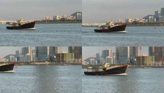 江上行驶的轮船开往澳门的货船海上船只油轮高清在线视频素材下载