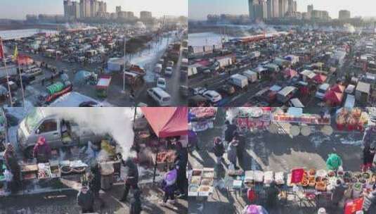 东北沈阳蒲河大集早市过年氛围高清在线视频素材下载