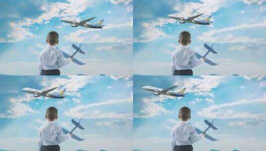 梦想小男孩的飞行梦蓝天飞机儿童 梦想航空高清在线视频素材下载