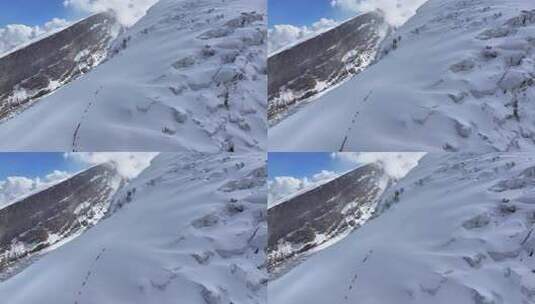 航拍冰川之父慕士塔格峰雪山冰川上的登山队高清在线视频素材下载