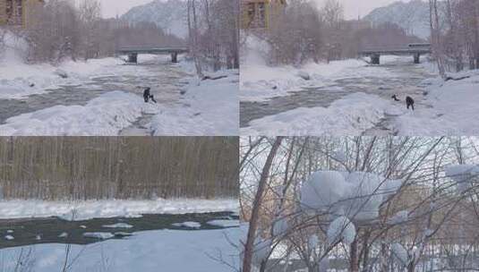 阿勒泰雪乡雪景河景 大雪覆盖河流 合集高清在线视频素材下载