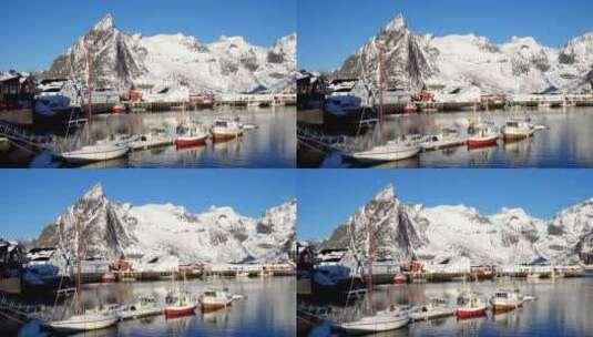 4K冬日风景雪景雪山湖面云彩海面船只高清在线视频素材下载