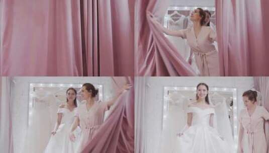 新娘试穿婚纱高清在线视频素材下载