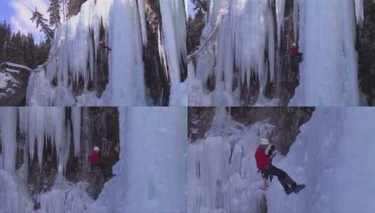 游客攀登冰冻瀑布的极端宽镜头高清在线视频素材下载