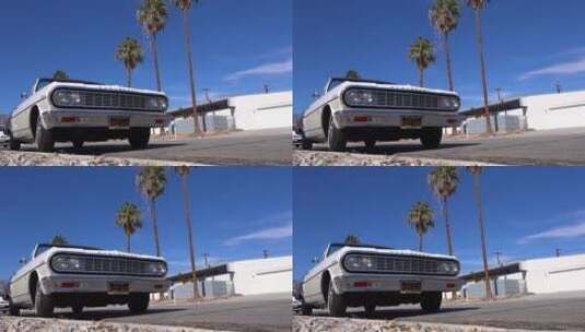 低角度拍摄停在路边的复古汽车高清在线视频素材下载