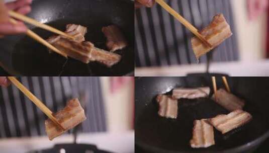 【镜头合集】平底锅烤肉煎五花肉片高清在线视频素材下载