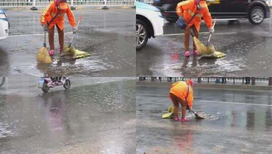 下雨天环卫清洁工人打扫街道高清在线视频素材下载