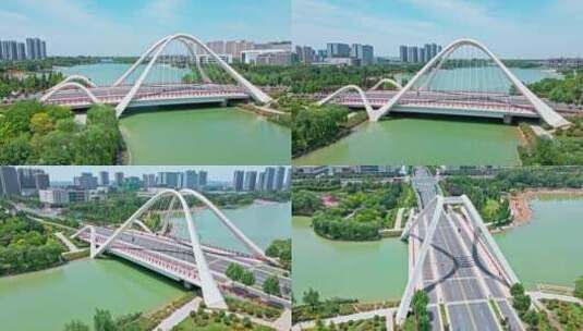 航拍郑州天健湖 城市公园 桥梁 建筑高清在线视频素材下载