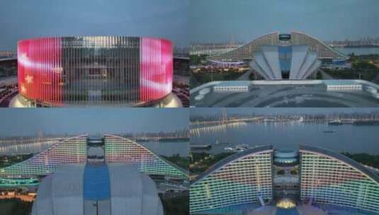 武汉国际博览中心夜景，平视直推上升镜头高清在线视频素材下载