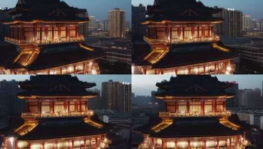 陕西省咸阳市清渭楼美术馆夜景航拍高清在线视频素材下载