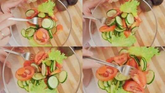 叉子搅拌蔬菜沙拉高清在线视频素材下载