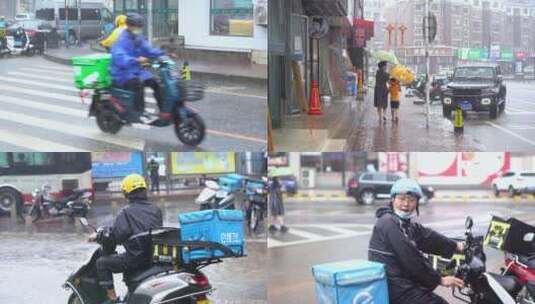 4K雨中外卖小哥 雨中城市 过马路人群高清在线视频素材下载