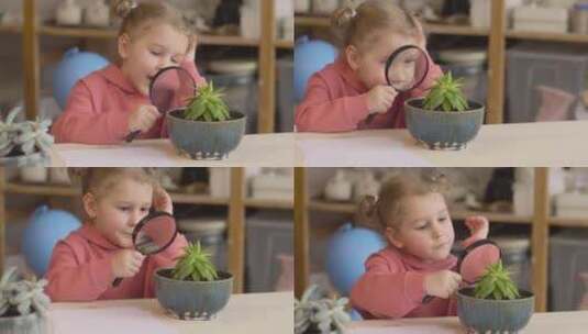 用放大镜观察植物的女孩高清在线视频素材下载