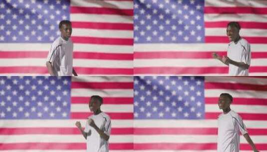 美国国旗前庆祝的足球运动员高清在线视频素材下载