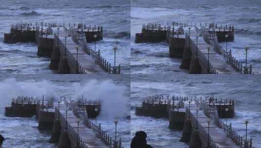 威海金海湾栈桥冰海巨浪高清在线视频素材下载