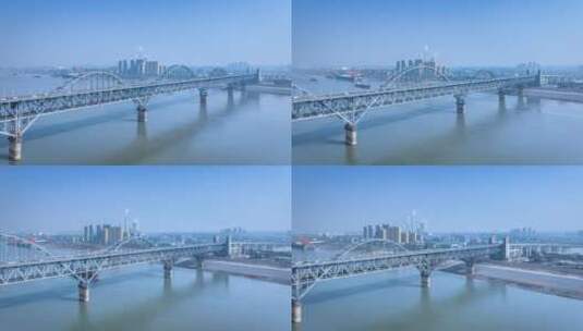 九江长江大桥钢桁梁拱桥特写航拍定向延时高清在线视频素材下载
