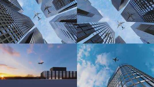 飞机空中飞过楼顶大气震撼起飞商务客机镜头高清在线视频素材下载