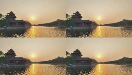 延时摄影：北京故宫角楼和筒子河的夕阳高清在线视频素材下载