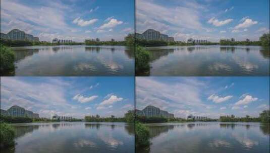 杭州白马湖国际会展中心蓝天延时高清在线视频素材下载