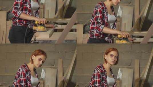 女木匠在工作室打磨木材高清在线视频素材下载