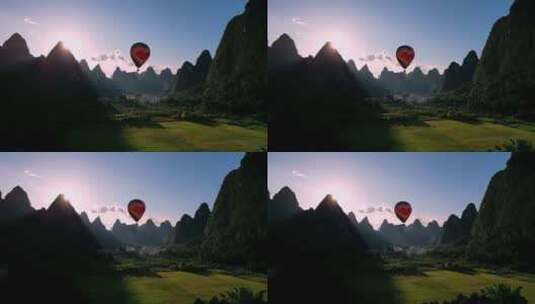 在山间飞行的热气球高清在线视频素材下载