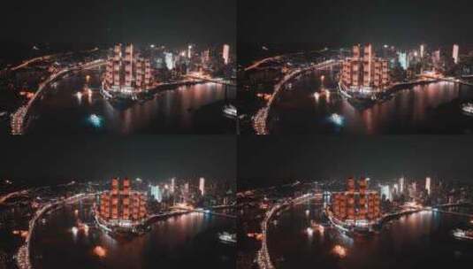 重庆来福士晚霞夜景航拍高清在线视频素材下载