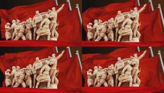 人民英雄雕塑红旗飘扬舞台背景高清在线视频素材下载