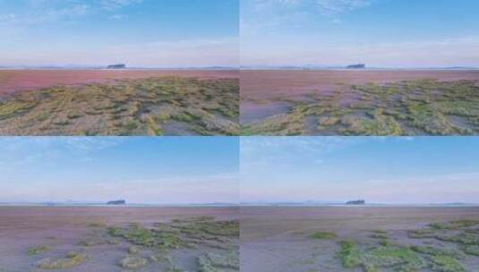 鄱阳湖鞋山粉色湖滩黄昏航拍延时高清在线视频素材下载
