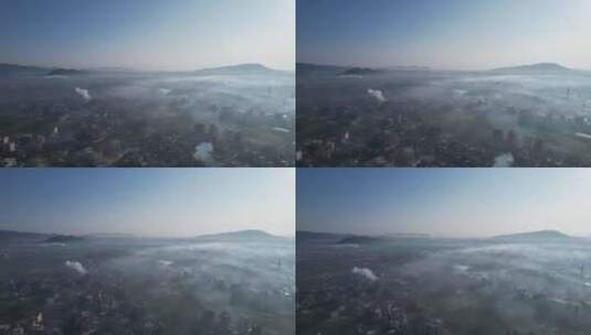 日出晨雾中的乡村航拍高清在线视频素材下载