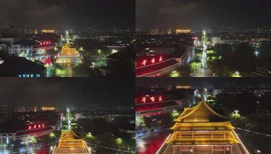 夜景俯瞰古楼灯火辉煌的城市张掖钟鼓楼夜景高清在线视频素材下载