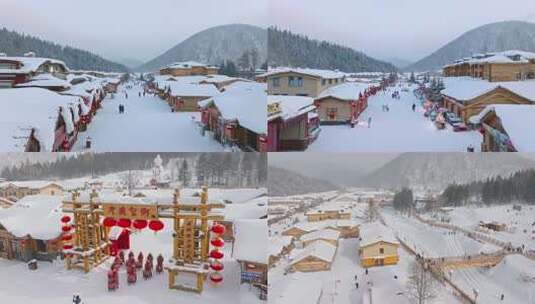 黑龙江中国雪乡木屋雪景 游客漫步赏雪高清在线视频素材下载