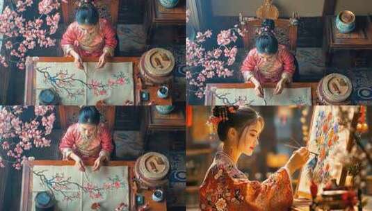 传统服饰中国绘画 女子绘画创作艺术氛围古高清在线视频素材下载