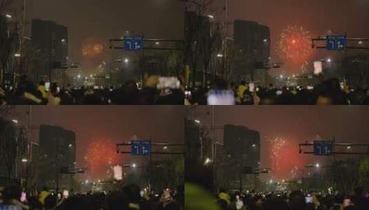 中国春节，元宵节，城市燃放烟花高清在线视频素材下载